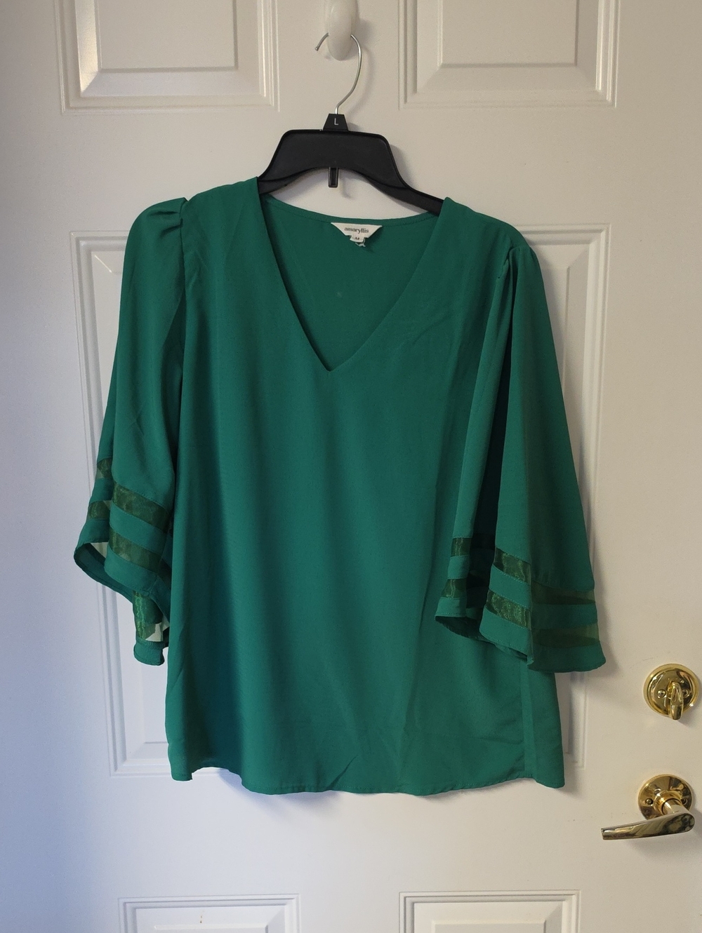 Amaryllis Emerald Green V-Neck Bell Sleeve Blouse